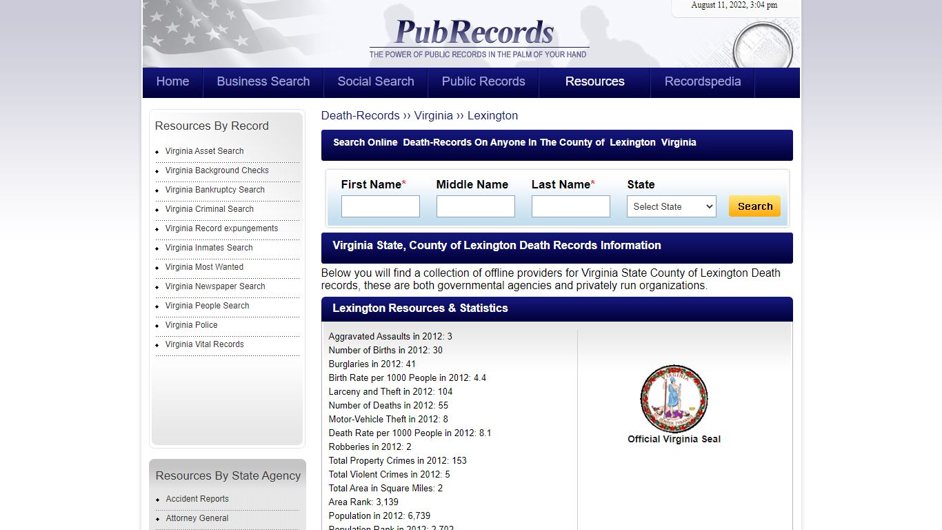 Lexington County, Virginia Death Records