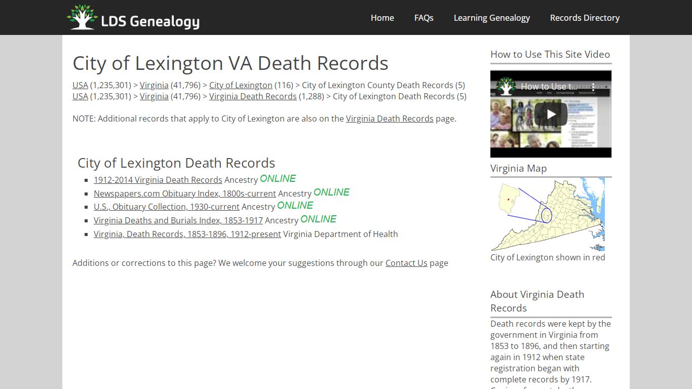 City of Lexington VA Death Records