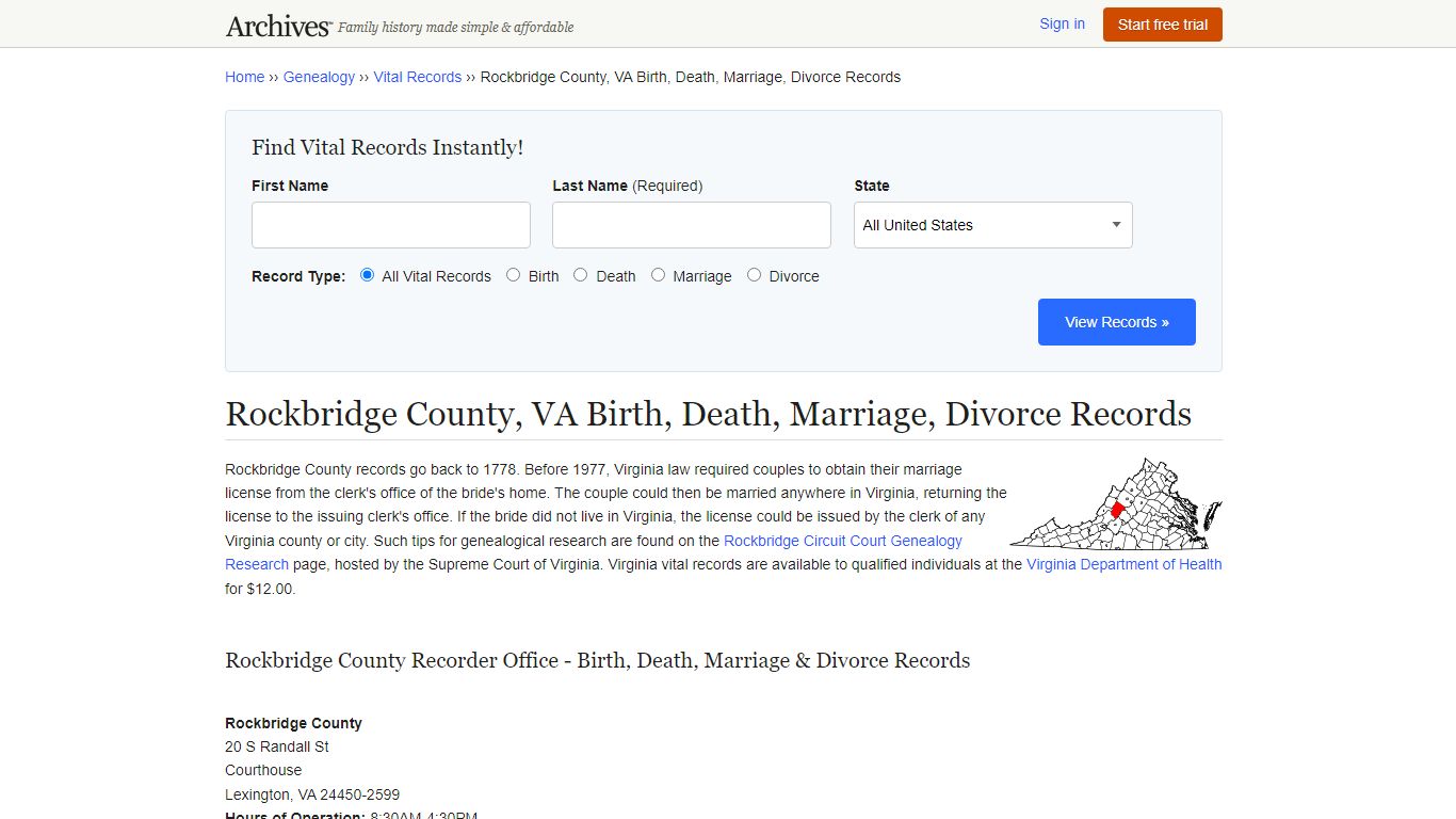 Rockbridge County, VA Birth, Death, Marriage, Divorce Records